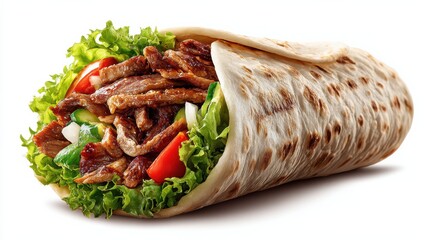 shawarma wrap filled with grilled meat and vegetables on white background