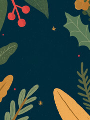 Elegant Christmas botanical frame with holly leaves, red berries, pine branches, and golden stars on a dark background, perfect for festive designs.