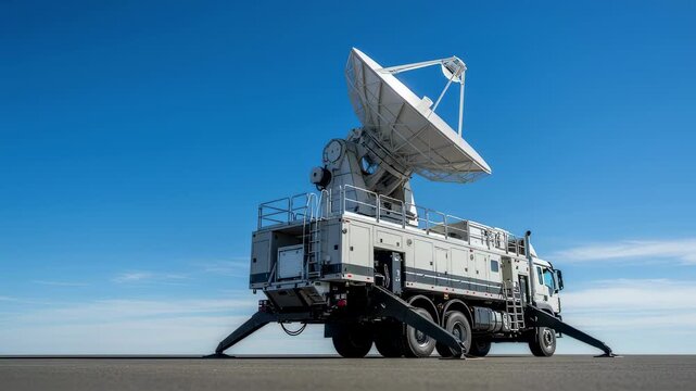 Wide shot of satellite uplink vehicle deploying stabilizers and aligning the dish antenna under clear blue sky to ensure stable satellite communication.