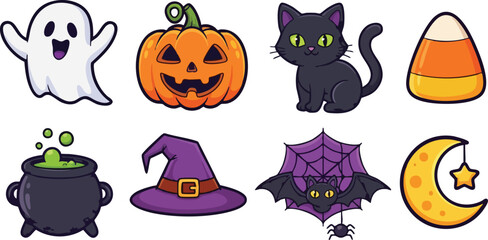 Cartoon halloween icons featuring ghost pumpkin cat and witch accessories