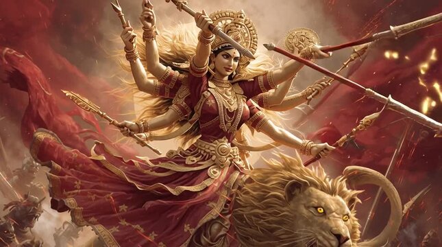 Goddess Durga in a fierce dynamic pose on her lion, powerful mythological depiction of strength and divine protection
