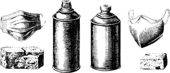 Street art engraving set featuring spray cans and protective masks for artistic designs