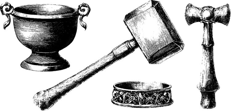 Stone carving tools engraved illustration set featuring mallet and chalice for design or craft projects