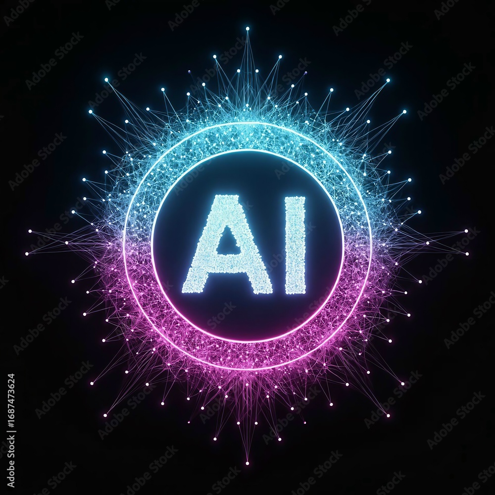 Poster abstract glowing neon ai symbol with radiating digital circuits on a dark background