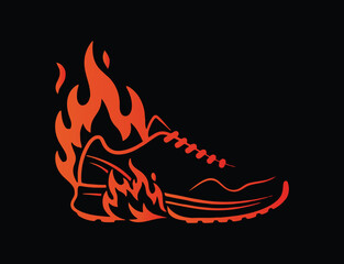 A running shoe engulfed in flames on a dark background with concentric circles