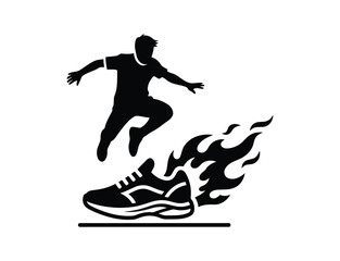 Silhouette of a man leaping over a flaming shoe