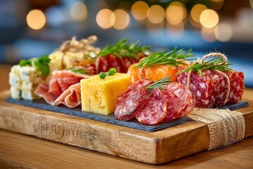 Selección de embutidos y quesos en una tabla de madera decorada con hierbas frescas