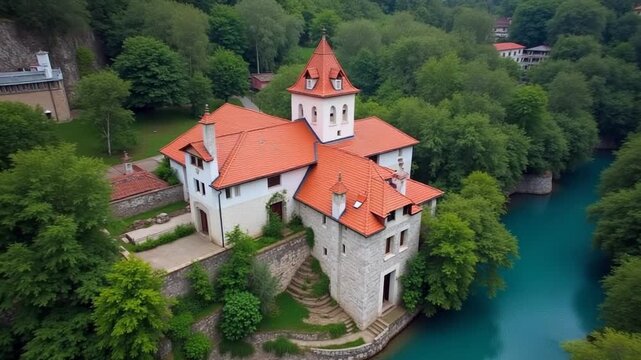 Aerial drone view of Tekija in Blagaj in BiH. The Tekija, dervish house, set at the source of the river Buna, was and still is a venue for dervish Zikr praise-chanting three nights weekly.
