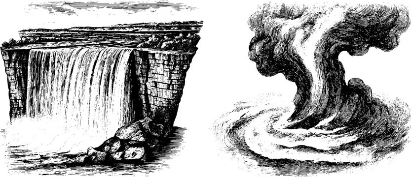 Vintage engraved waterfall and swirling water illustration set for retro designs