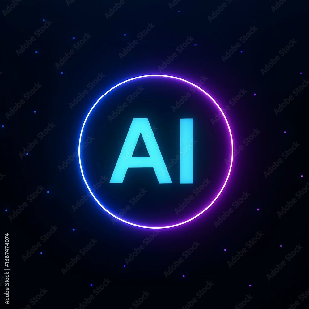 Poster glowing neon circle with ai text in the center against a dark background with subtle particles