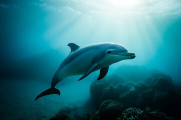 Bottlenose dolphin swimming underwater with sun rays shining through the water