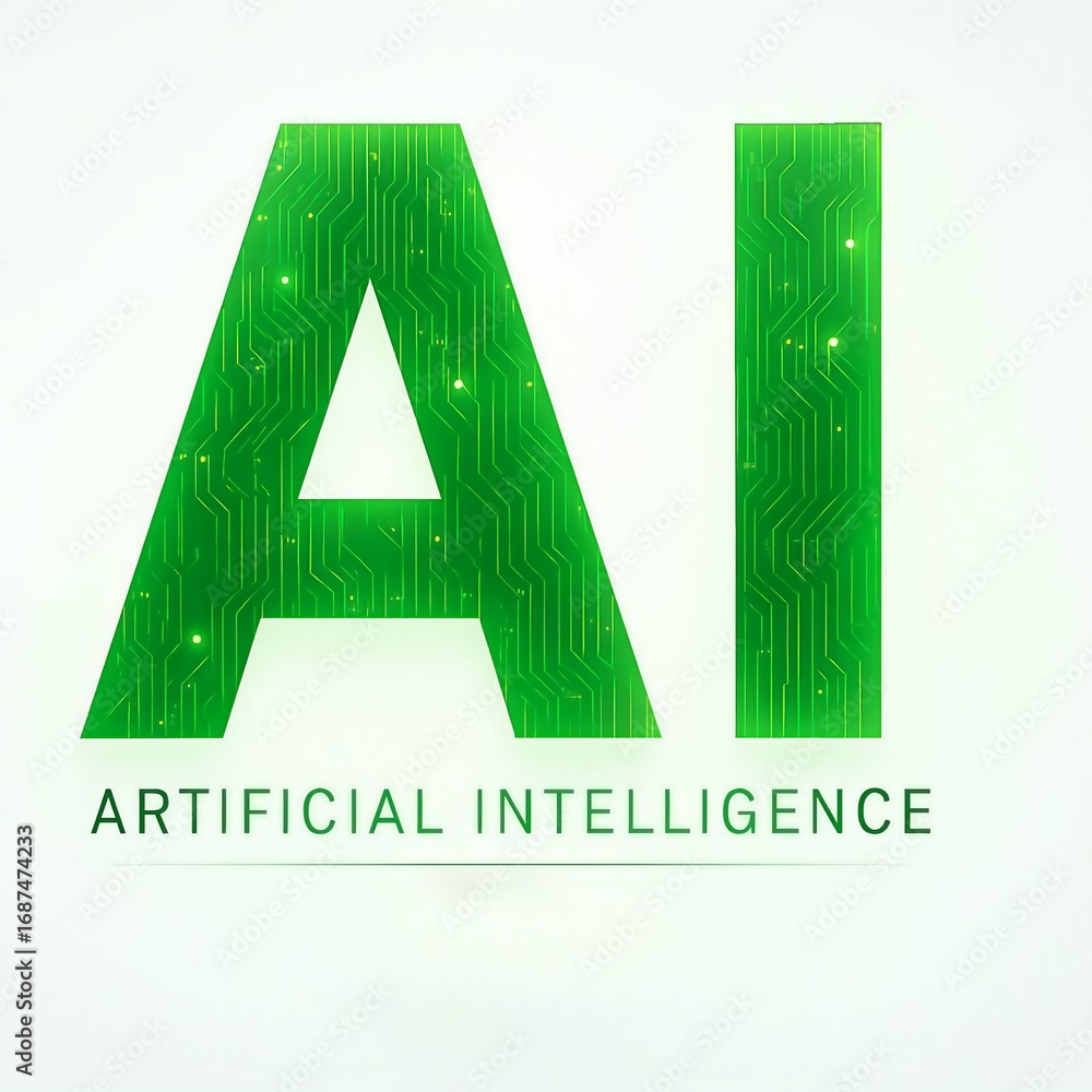 Poster green artificial intelligence ai logo with digital circuit pattern on white background