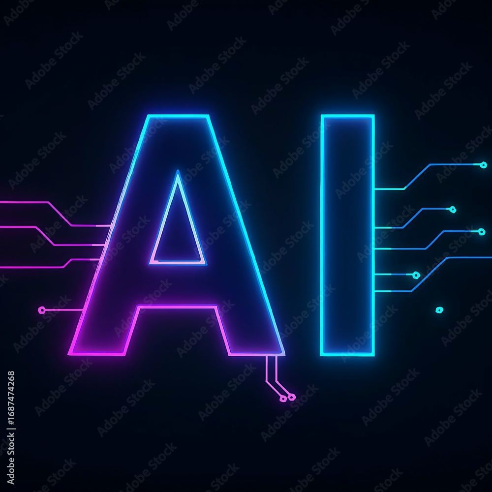 Poster glowing neon ai text symbol with futuristic circuit board connections on dark background