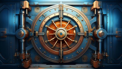 Fototapeta premium a robust metal vault door featuring a large turning wheel multiple levers and heavy duty hinges symbolizing security and protection