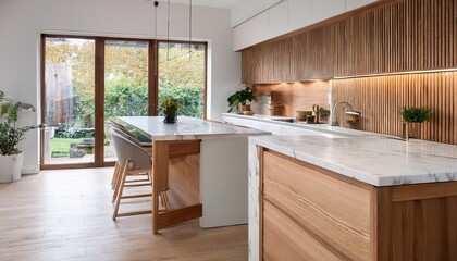 Fototapeta premium scandinavian kitchen with light oak island and white marble countertop