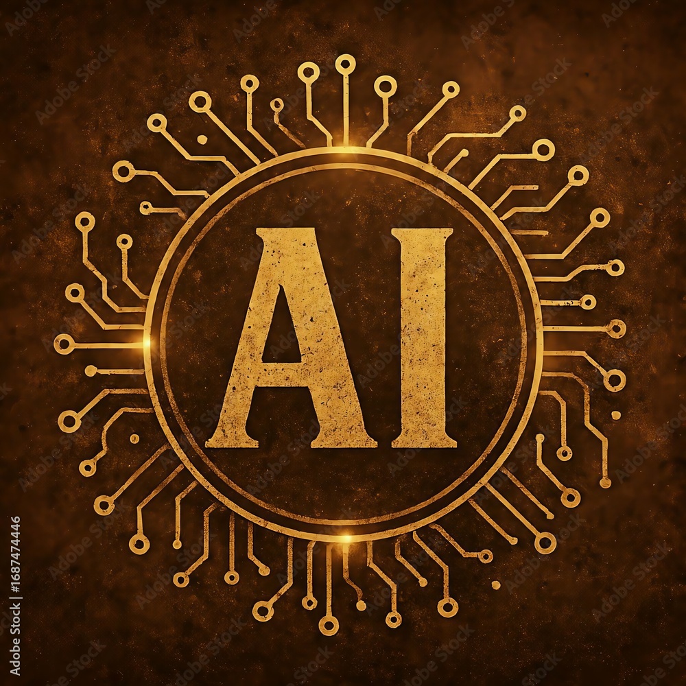 Poster golden ai logo with intricate circuit board pattern and glowing light on dark textured background