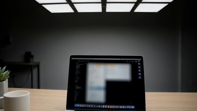 Wideangle view of multiple rectangular LED panels forming a grid overhead casting balanced illumination across a minimalist workspace during a focus session.
