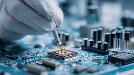 Obraz premium gloved hand soldering circuit board