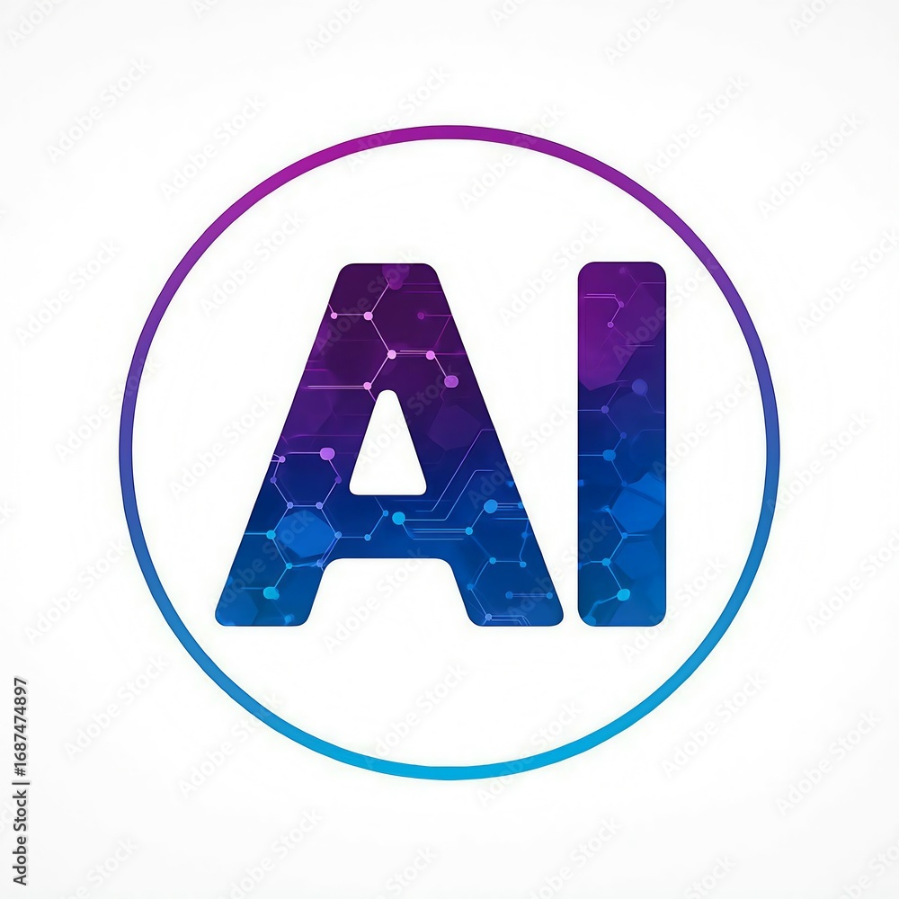 Poster abstract ai logo with a cosmic galaxy texture inside a gradient circle on a white background