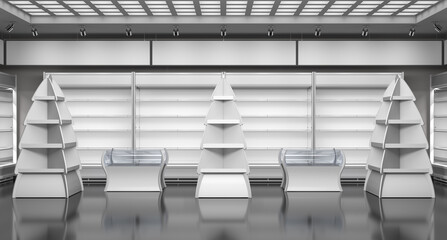 Shop interior with Christmas tree shaped cardboard display stands, plastic pallet display stands and empty shelves. Front view. 3d illustration © Wire_man