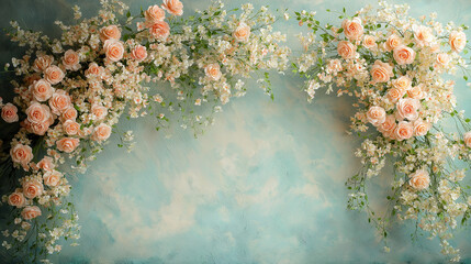 maternity wedding photography backdrop floral arch pastel flowers vintage wall dreamy romantic atmosphere