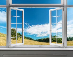 bright window displays clear blue sky emphasizing minimalistic