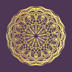 Golden mandala on purple background intricate circular