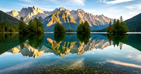 Scenic alpine lake reflecting majestic mountains and trees on a clear day landscape view