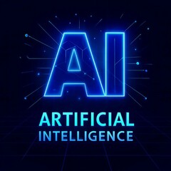 Glowing blue ai artificial intelligence text and symbols on a dark futuristic background