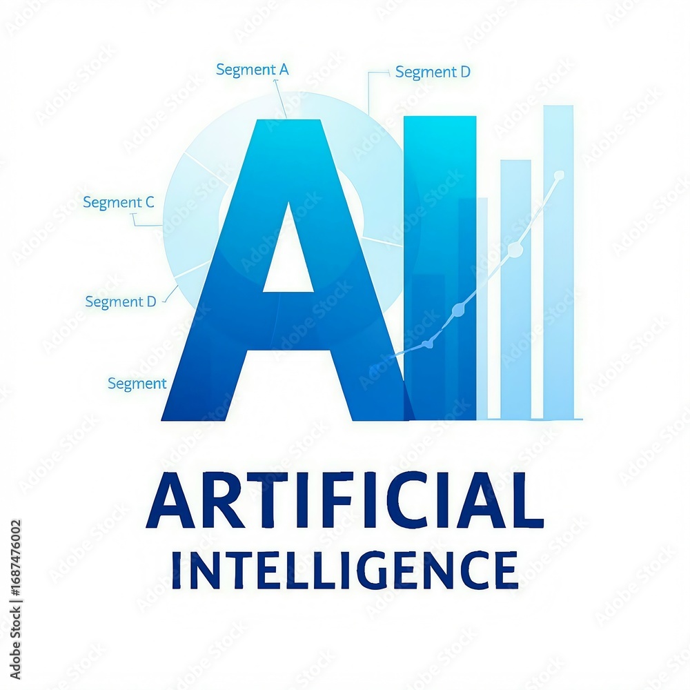 Poster bold blue ai letters with the words artificial intelligence below on a white background with subtle 