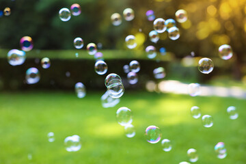 Beautiful transparent soap bubbles floating in park