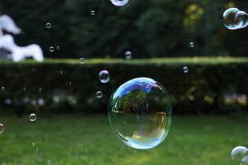 Beautiful transparent soap bubbles floating in park