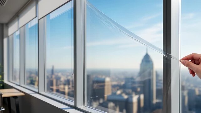 Side angle view showing the smooth shrinking effect of insulating film on a large office window highlighting clarity and protective benefits against UV rays.
