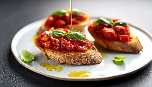 slow roasted tomato confit on bruschetta with basil oil drizzle