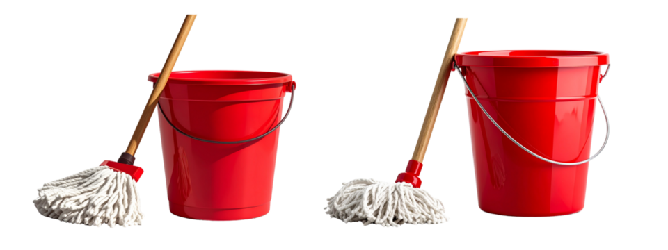 Two Red Plastic Bucket with Cotton Mop Leaning Against It, Angled Side Perspective, Transparent Background