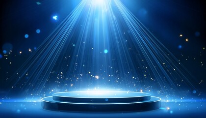 illuminated blue podium scene featuring a lighting backdrop ideal for showcasing products with shimmering spots particles and intense light beams image