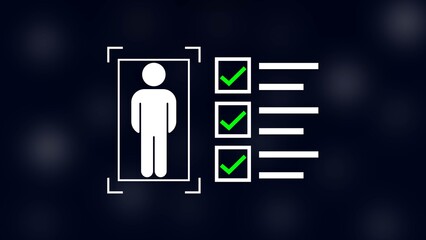 man with check mark in boxes on black background.