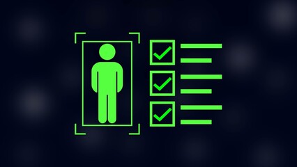man with check mark in boxes on black background.
