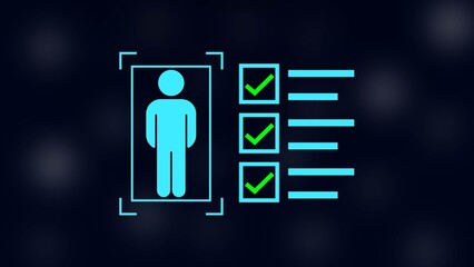 man with check mark in boxes on black background.