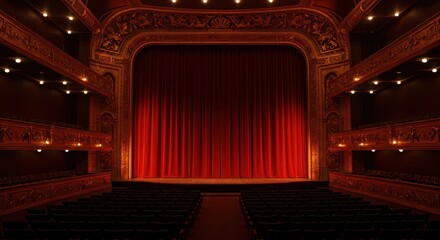 Theatrical Grandeur: Witness the splendor of a vintage theater, a place of dreams, with velvet curtain and a stage awaiting a performance.