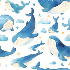 Fototapeta premium Seamless pattern with cute watercolor whales and stars.This charming seamless pattern is perfect for children's textiles, nursery wallpaper, baby shower invitations, and cute wrapping paper.