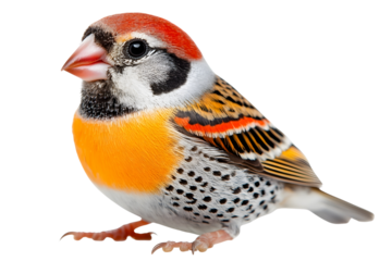 Colorful bird with vibrant orange chest, black and white facial markings, and striking red crown. This bird showcases intricate feather patterns and lively demeanor, making it delightful sight