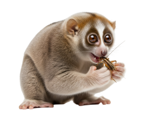 A small, adorable slow loris is seen in profile, engrossed in consuming a golden-colored insect.