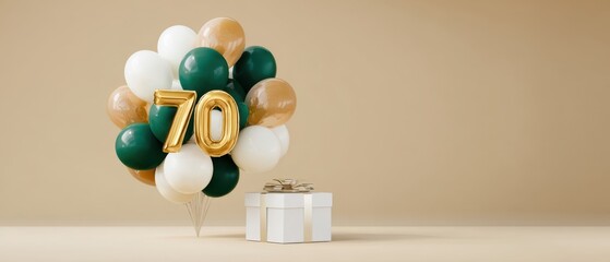 The vibrant 70th birthday celebration with festive balloons and elegant gift.