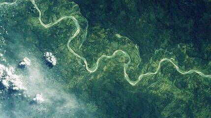 aerial view meandering river green forest