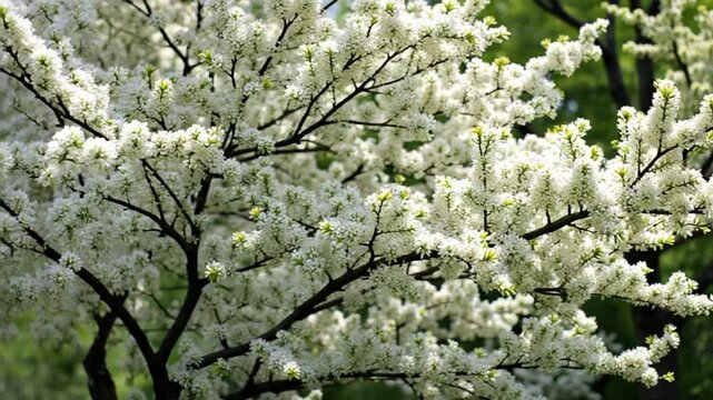 Blooming trees with white flowers, natural background.