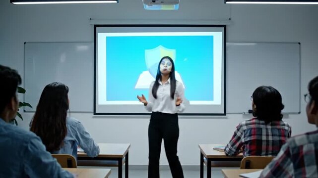 A female presenter delivers an engaging lecture on digital security and personal data protection to a group of attentive students in a modern classroom setting.
