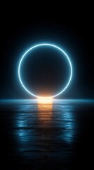 Obraz premium A bright neon blue ring glows intensely, casting an orange reflection on a wet, dark, reflective surface, creating a futuristic and atmospheric scene