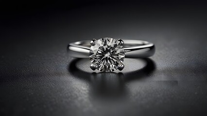 A beautiful diamond engagement ring with a large stone and a white gold band, on a dark reflective background. Luxury jewelry concept