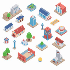 Isometric collection of diverse building types and architectural elements buildings architecture